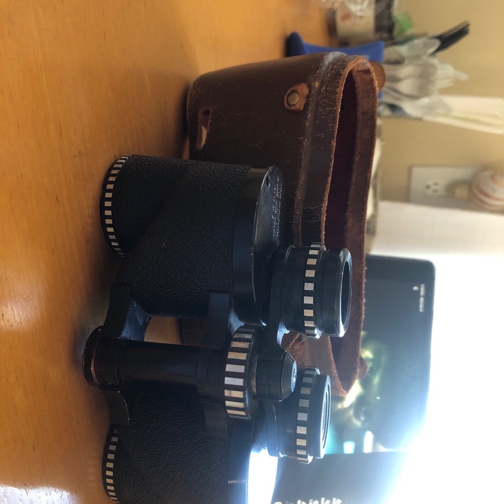Black Vintage Binoculars with Brown Leather Case